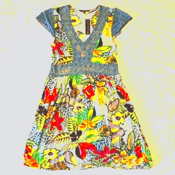 178. New Chaudry Blue and Green Sundress with Flutter Sleeves Size Small